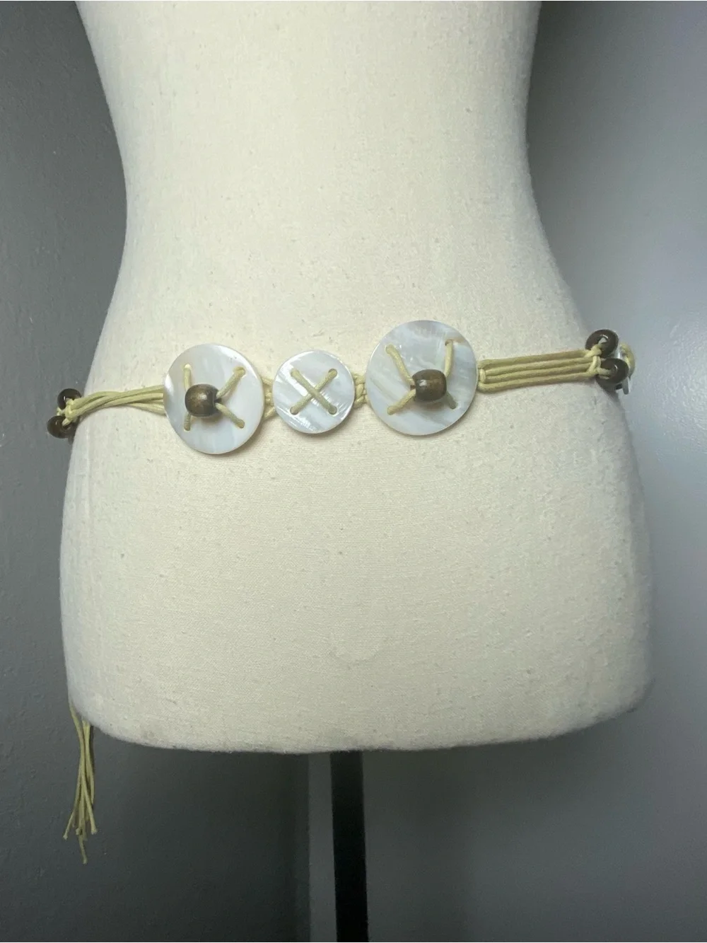 Y2K Boho Fairy  White Shell & Green Beaded Rope Belt One Size